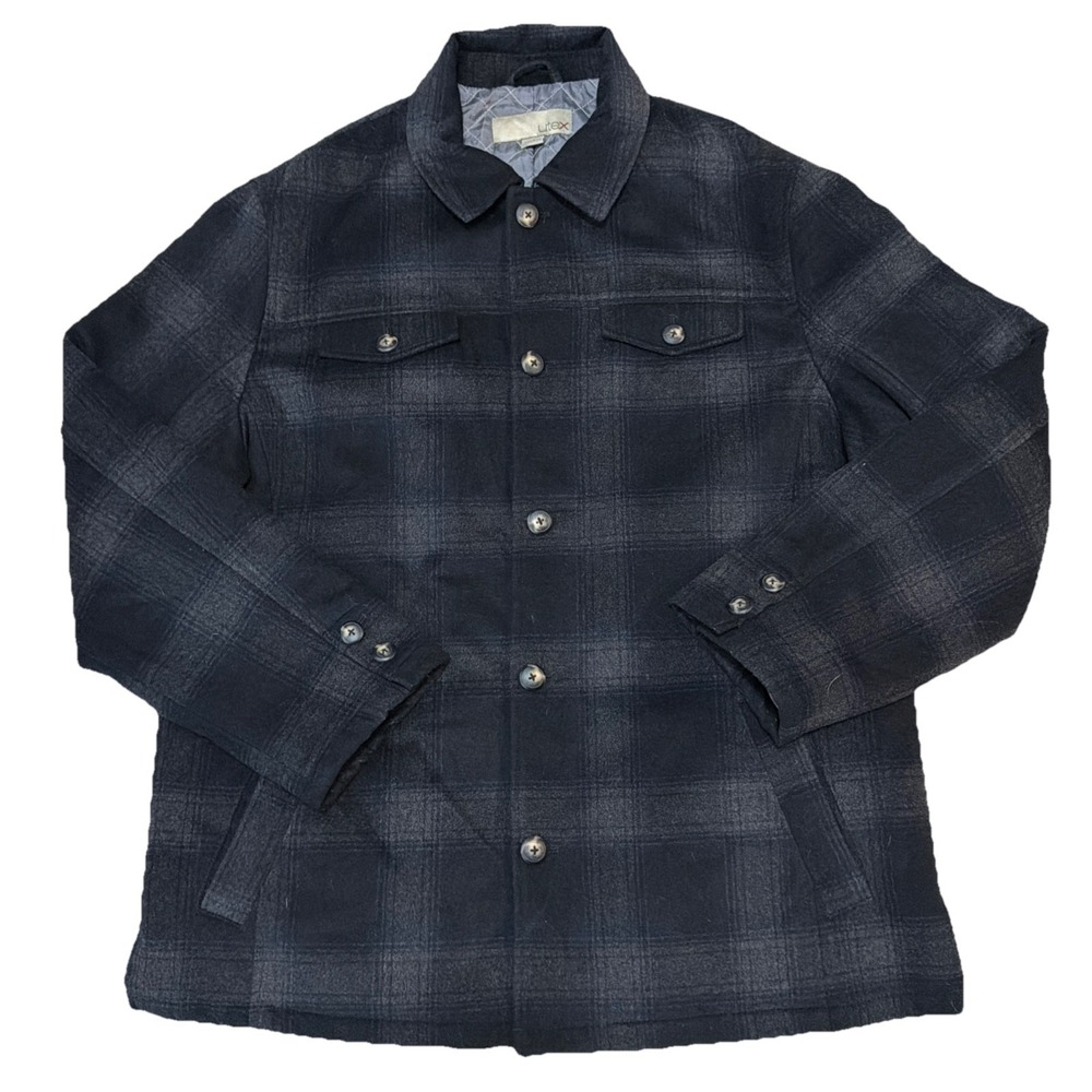 Vintage UTEX Wool Blend Shadow Plaid Jacket Shacket Quilted Black Gray 2XL‎
